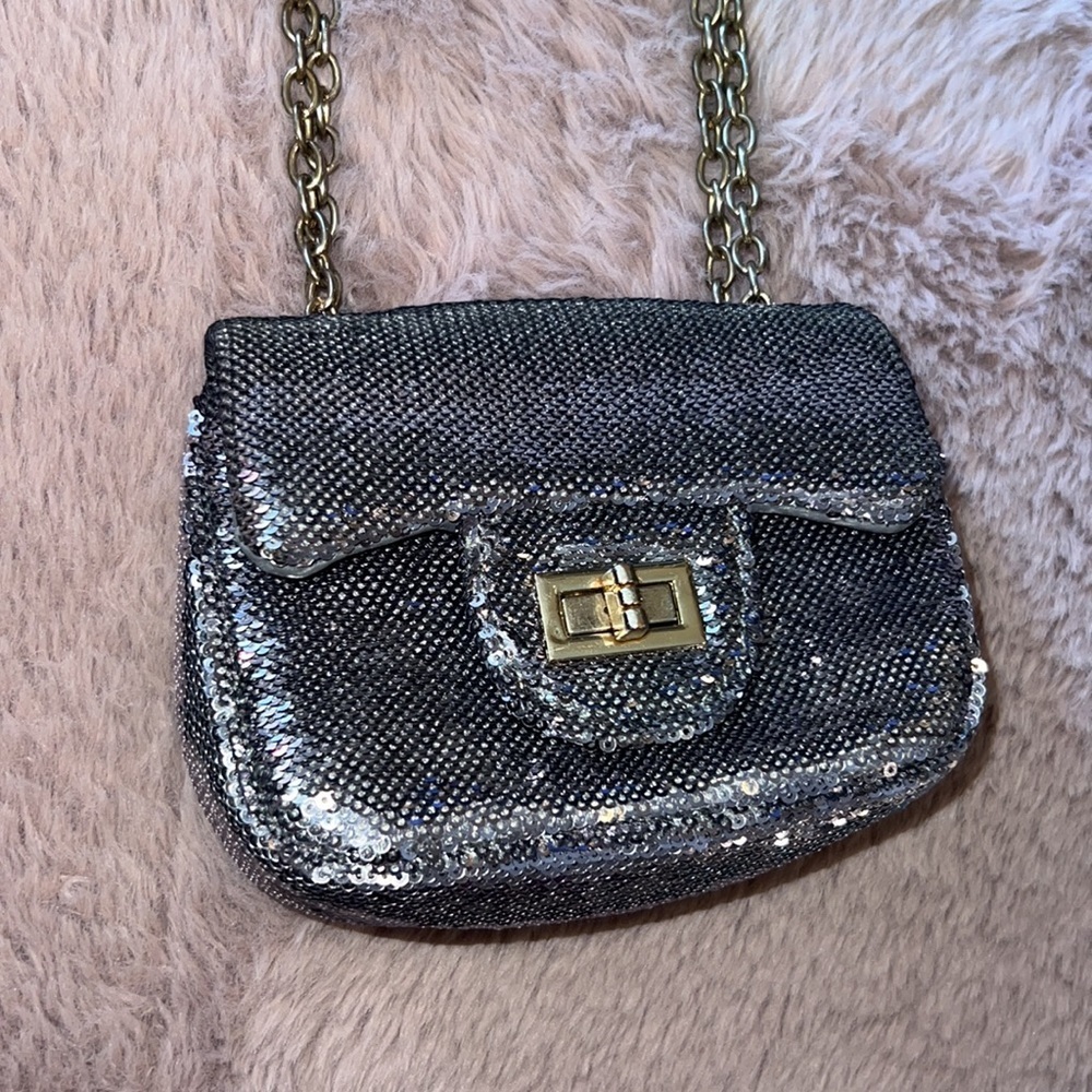 Monsoon silver gold sequin front latch girls purse strap can hang 12” or 24”​​